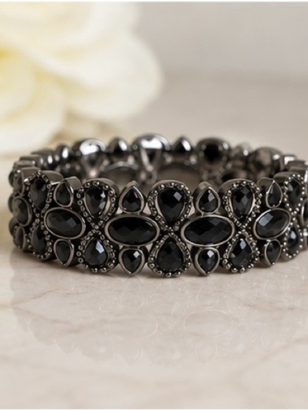 Cache Black Crystal Statement Stretch Bracelet Gunmetal Rhinestone